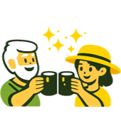 Two characters, an elderly man with a beard and a young woman, smiling and clinking beer mugs together, surrounded by sparkles.