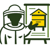 Illustration of a person in a beekeeping suit pointing to a chart with a yellow bee hive design.