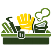 An illustration of a toolbox containing gardening tools, including a pair of yellow gloves, a watering can, and other equipment.