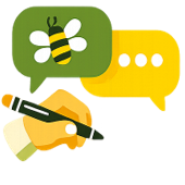 An illustration of a hand holding a pen, with two speech bubbles; one features a bee icon and the other contains ellipsis.